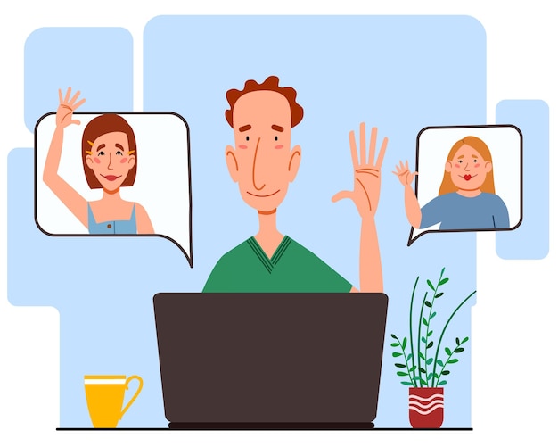 Ilustración de una reunión virtual con diferentes personas que saludan