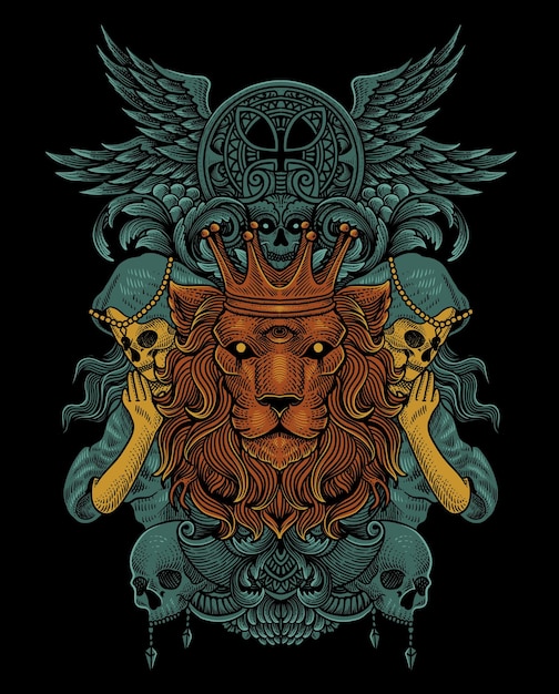 Ilustración rey león con estilo de adorno de grabado antiguo bueno para su mercancía dan camiseta
