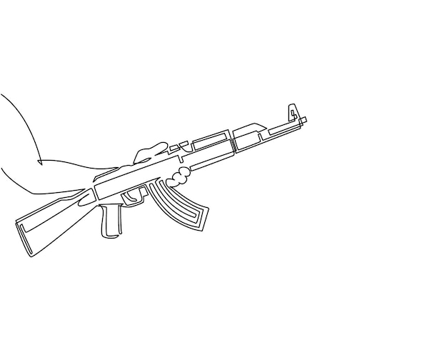 Ilustración de un rifle de asalto de ametralladora Kalashnikov AK-47 con una sola línea continua dibujando la mano