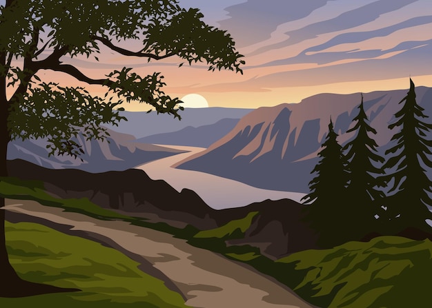 una ilustración de un río con una montaña en el fondo