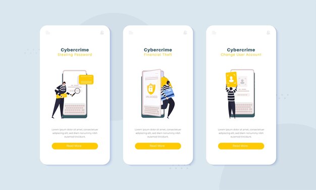 Ilustración de robo de datos financieros móviles de ciberdelincuencia en el concepto de pantalla a bordo
