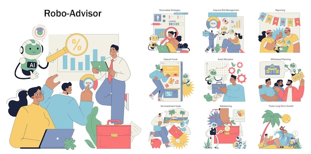 Ilustración de Roboadvisor que presenta herramientas y servicios financieros interactivos que muestra a los clientes