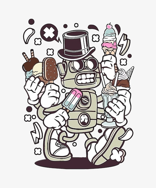 Vector ilustración de robot android sosteniendo varios conos de helado