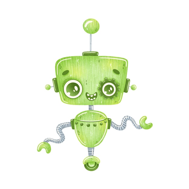 Ilustración del robot verde de dibujos animados lindo aislado en blanco