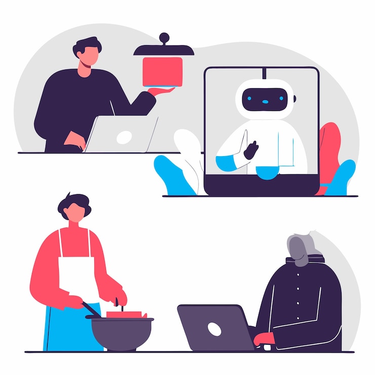 Vector ilustración de robots y cocineros cocinando juntos