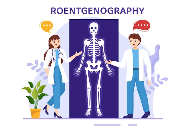 Ilustración de roentgenografía con procedimiento de chequeo corporal de fluorografía o roentgen en el cuidado de la salud