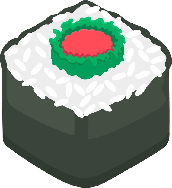 Ilustración de un rollo de sushi de bola de arroz de la icona de la comida japonesa envuelto en algas con ingredientes de verduras y carne