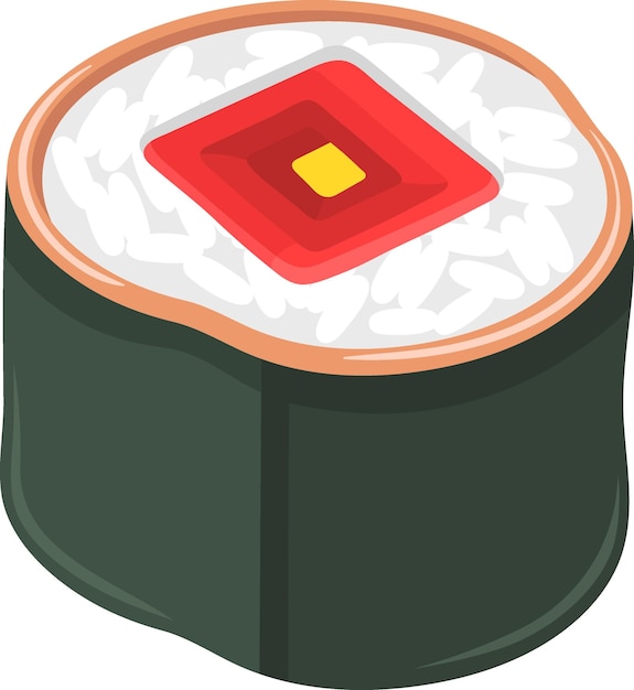 Ilustración de un rollo de sushi de bola de arroz de un icono de la comida japonesa envuelto en algas con carne de cerdo roja