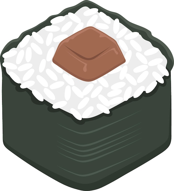 Ilustración de un rollo de sushi de bola de arroz de un icono de la comida japonesa envuelto en algas con cubierta de pollo a la parrilla