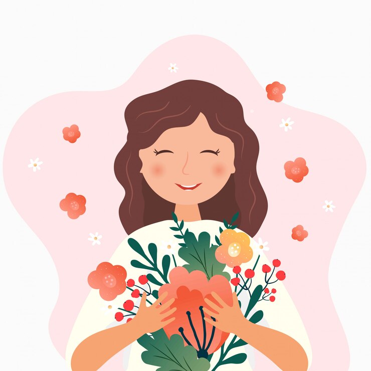 Ilustración romántica con lindo personaje. niña sonriente con flores