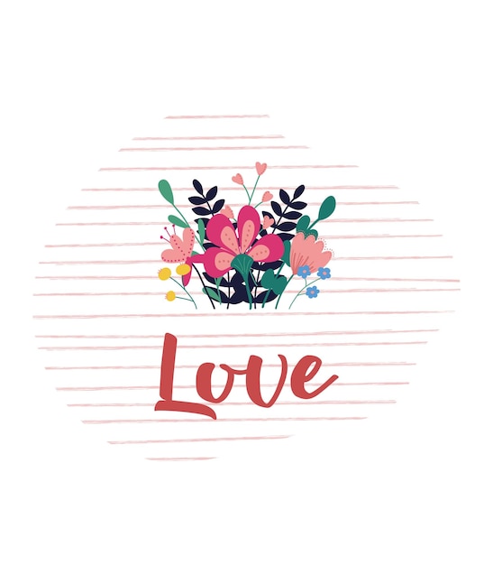 Vector ilustración romántica con un ramo de flores silvestres con la inscripción amor en fondo rosa