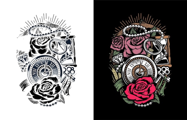 Vector ilustración de rosas y relojes