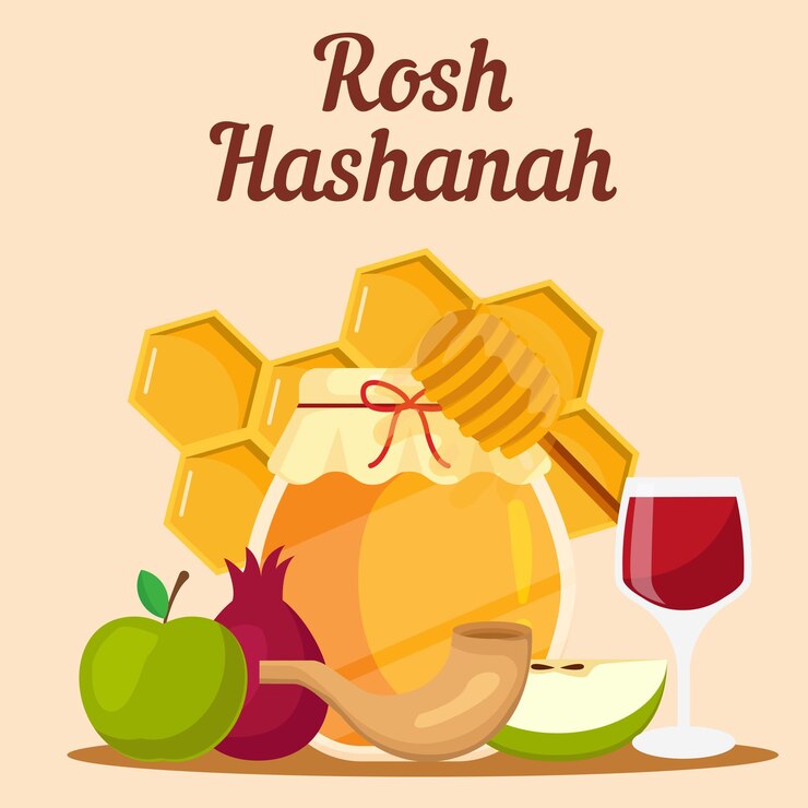 Vector ilustración de rosh hashaná de diseño plano vectorial con granada de manzana y miel
