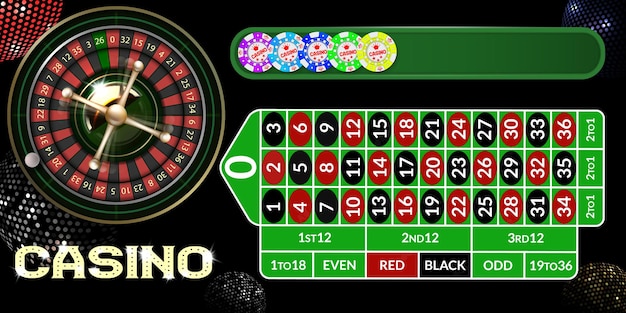 Ilustración con rueda de ruleta de casino y fichas de juego Diseño de juego vectorial con cartas y dados de póquer para invitación o banner promocional