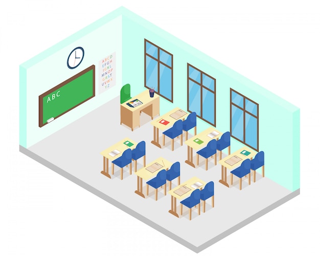 Ilustración de la sala de clase de la escuela isométrica. Incluye mesa, sillas, libros, pizarra en estilo plano de dibujos animados.