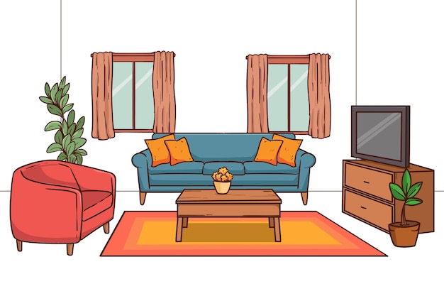 Ilustración de la sala de estar dibujada a mano