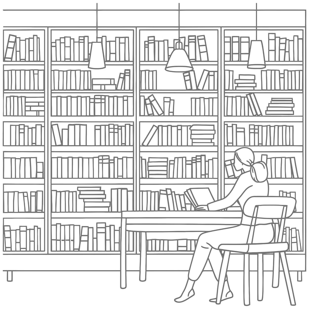 Ilustración para la sala de estudio tiene estanterías y muchos libros allí