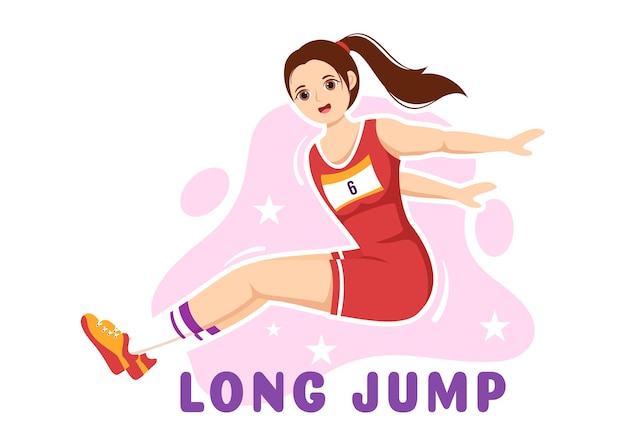 Ilustración de salto largo con atleta haciendo saltos en foso de arena para la página de aterrizaje en el campeonato deportivo
