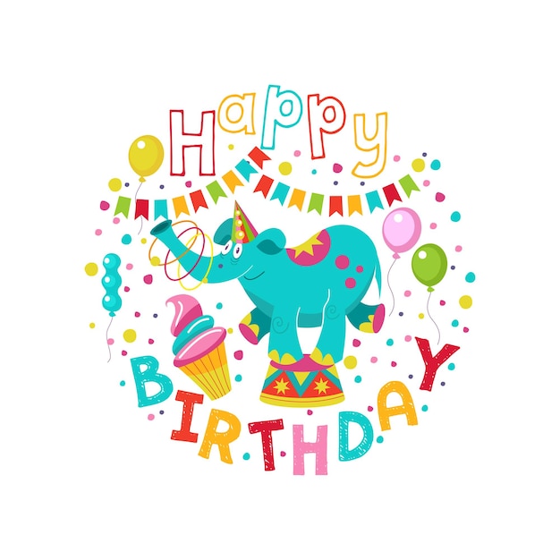 Ilustración de saludo de cumpleaños elefante de circo.