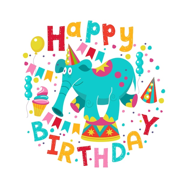 Ilustración de saludo de cumpleaños elefante de circo.