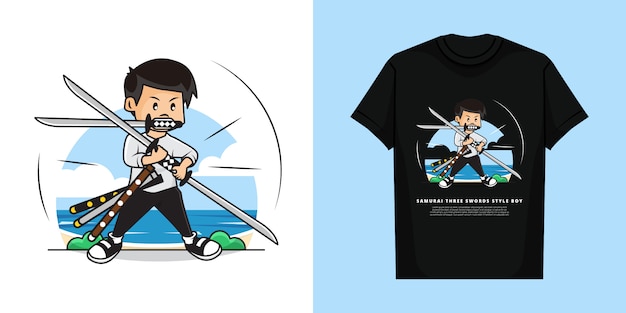 Ilustración de samurai boy con estilo de tres espadas y diseño de maqueta de camiseta