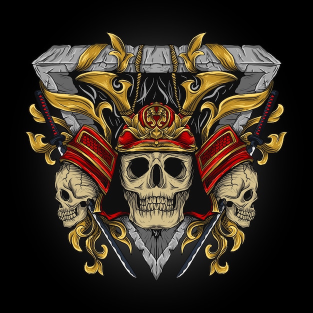 ilustración, samurai, cráneo, grabado, ornamento