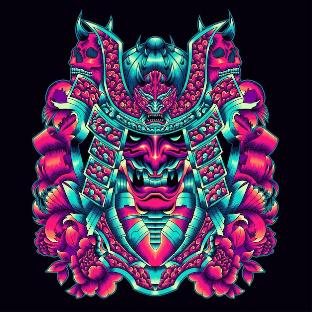 Ilustración de samurai oni mask con adorno