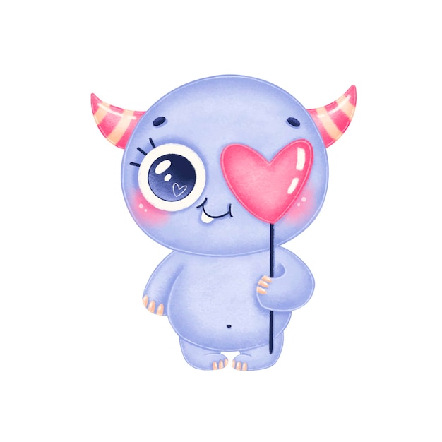 Ilustración de San Valentín de un monstruo púrpura de dibujos animados lindo. Monstruo lindo enamorado aislado sobre fondo blanco.