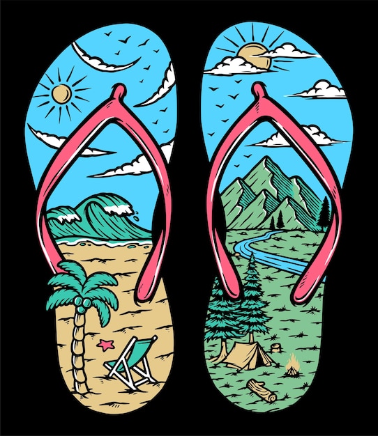 Ilustración de sandalias de playa y montaña.