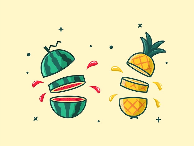 Ilustración de sandía fresca y piña dividida y chorro de ilustración vectorial.