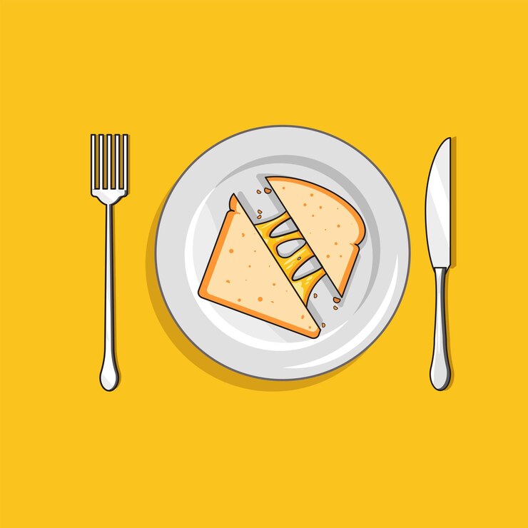 Ilustración de sándwich de queso a la parrilla en una placa de juego con cuchillo y tenedor