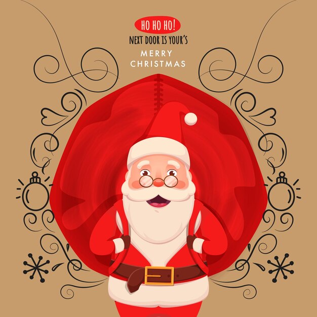 Ilustración de Santa Claus alegre llevando una bolsa pesada roja con motivo floral copo de nieve y bauble en fondo marrón claro para Feliz Navidad