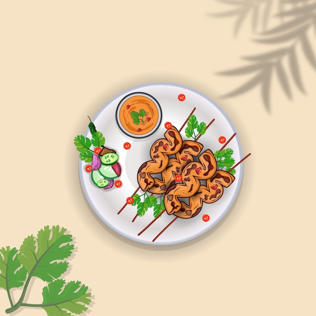 Vector ilustración satay dibujada y fondo de acuarela premium, la mejor comida asiática satay vector premium