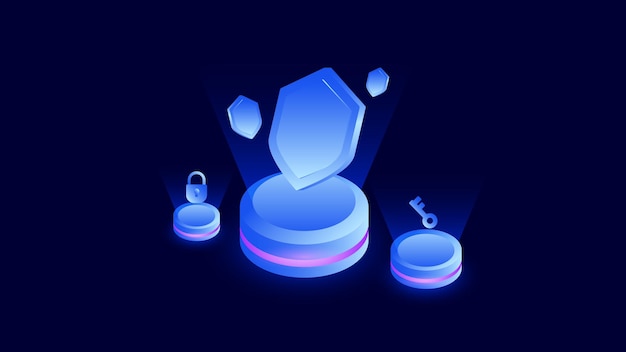 Ilustración de seguridad isométrica futurista de candado y llave de escudo con portal brillante