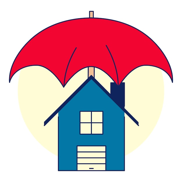 Ilustración de seguro de hogar Una casa azul bajo un paraguas rojo Ilustración aislada