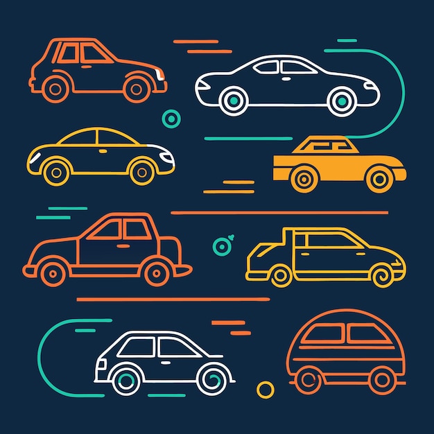 Ilustración de seis coches de diferentes colores en forma de contorno contra un fondo azul con líneas de velocidad detrás