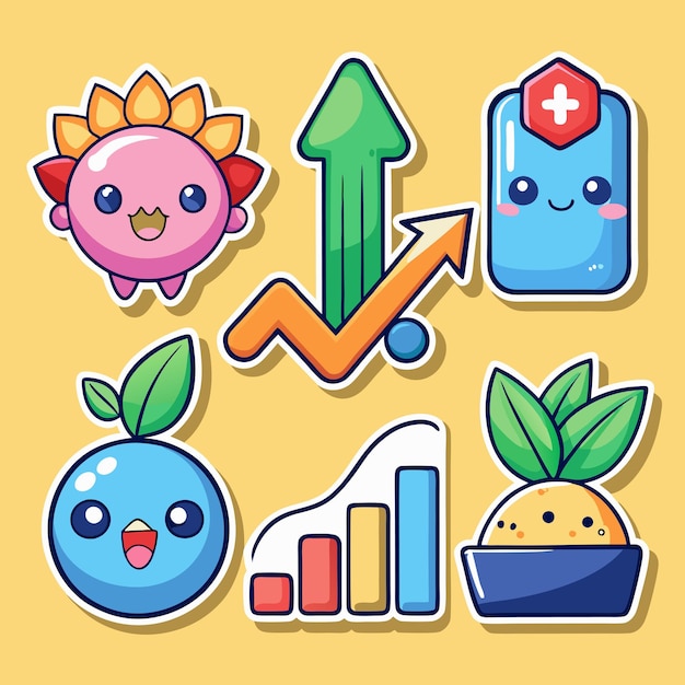 Una ilustración de seis pegatinas de dibujos animados cada una representando un aspecto diferente del crecimiento y el progreso incluyendo un sol una flecha una planta un arándano un gráfico de barras y un signo más en un círculo azul