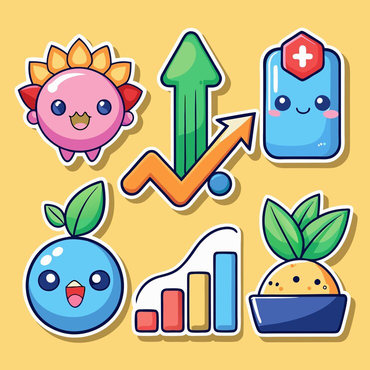Vector una ilustración de seis pegatinas de dibujos animados cada una representando un aspecto diferente del crecimiento y el progreso incluyendo un sol una flecha una planta un arándano un gráfico de barras y un signo más en un círculo azul