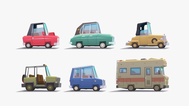 Vector ilustración de seis tipos diferentes de vehículos en estilo de dibujos animados aislados en telón de fondo blanco en el conjunto