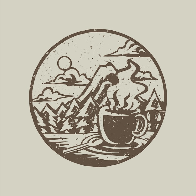 Ilustración de sello angustiado de taza caliente en el bosque