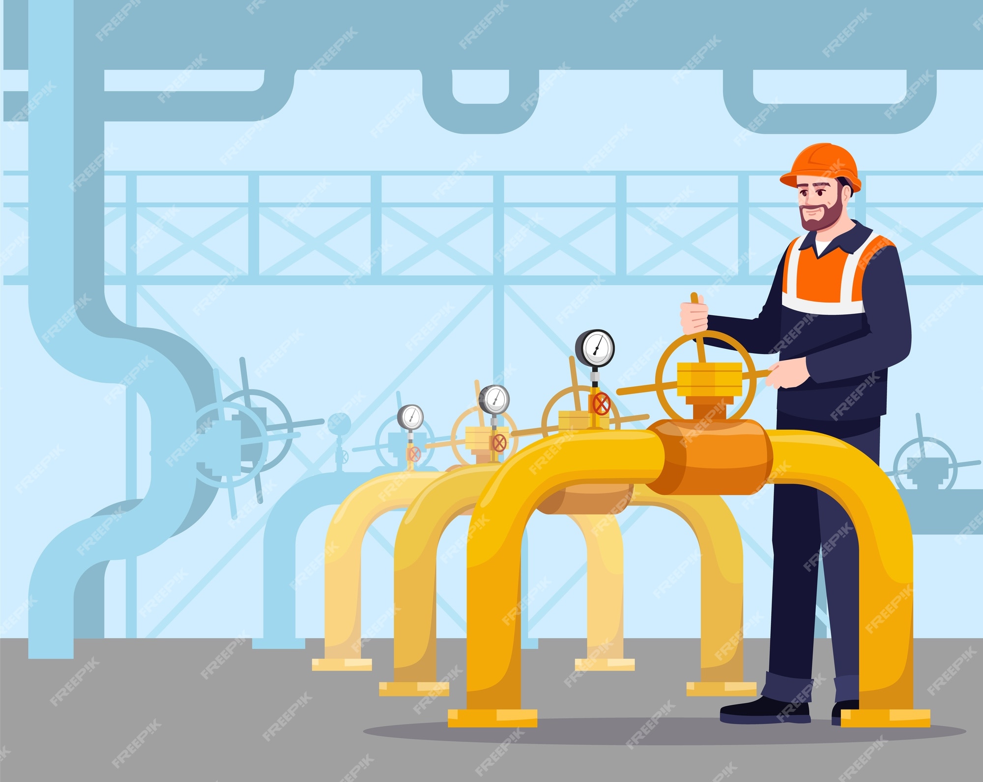 Ilustración semi de mantenimiento de tuberías. gasman trabajando.  producción de combustible. tuberías de transporte de petróleo. personaje de  dibujos animados de trabajador masculino de la industria del gas para uso  comercial |