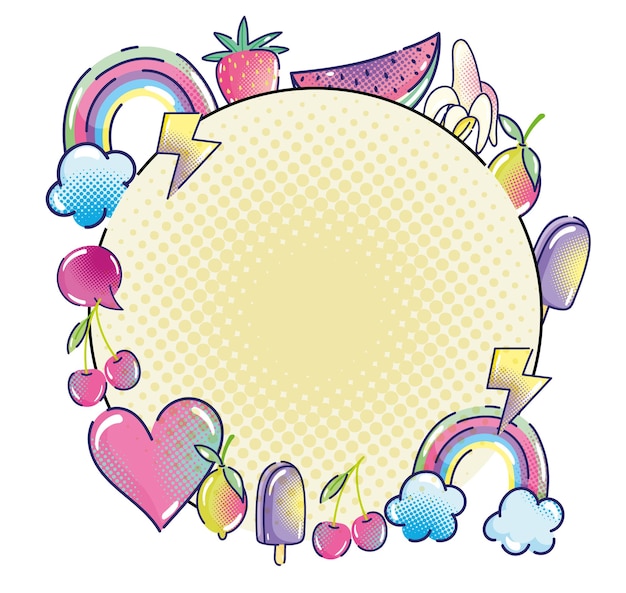 Ilustración de semitono de la etiqueta de la burbuja del discurso del helado del corazón de la fruta del arco iris del arte pop
