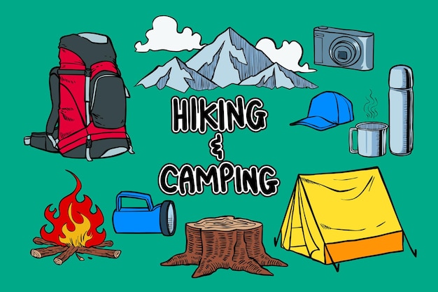 Ilustración de senderismo y camping dibujado a mano