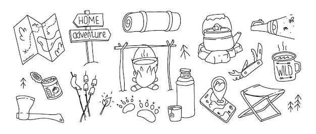 Ilustración de senderismo dibujada a mano Juego de garabatos al aire libre para acampar Equipo de aventura salvaje Navegación