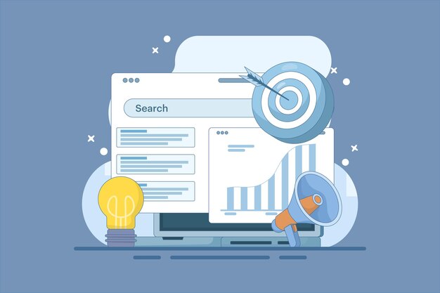 Ilustración de SEO y concepto de optimización SMM o marketing digital o tecnología web digital SMM