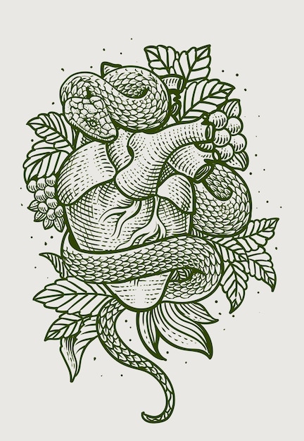 Ilustración serpiente corazón con grabado estilo dibujado a mano Ilustración vectorial