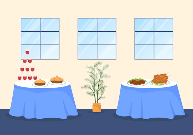 Ilustración de servicio de catering para reuniones corporativas o banquetes de boda en cafetería o restaurante