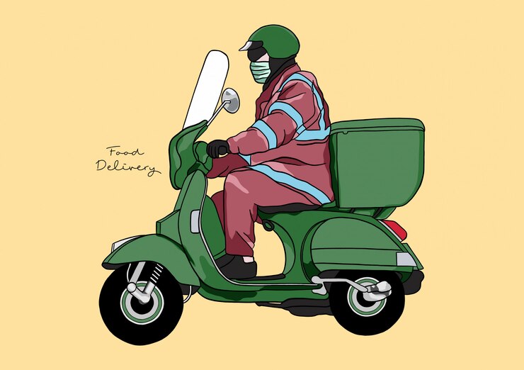 Ilustración del servicio de entrega de alimentos / hombre / motocicleta con protección completa durante la pandemia de COVID-19