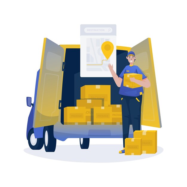 Vector ilustración del servicio de entrega de la ruta de destino de la carga de paquetes de envío