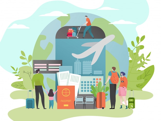 Ilustración de servicio en línea de reserva de entradas. Vuelo reservado a través de la aplicación móvil. Reserve y compre viajes en internet.